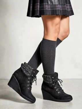 Esprit Clarissa Faux Suede Lace-Up Wedge Ankle Boots Black & Purple US 8